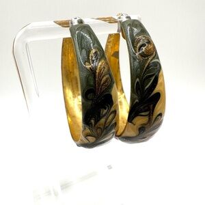 Art Deco Gold Tone Green hoop curly earrings